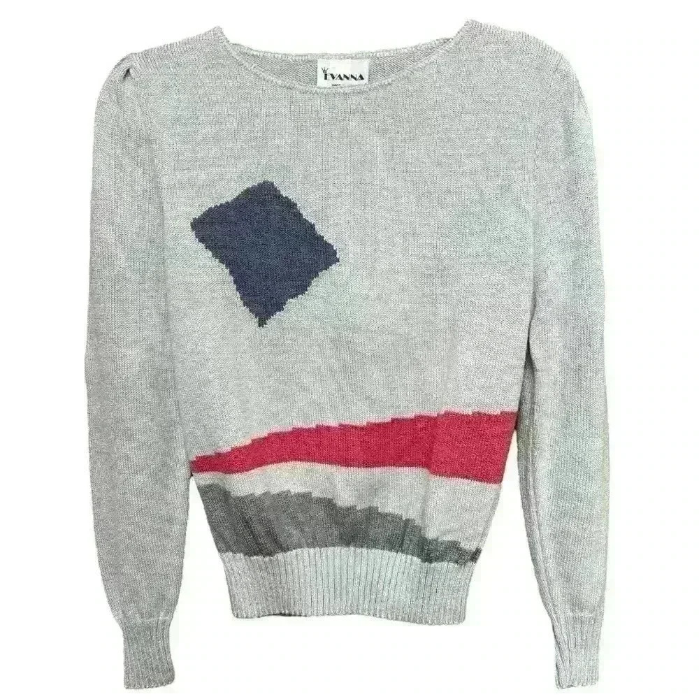 Vintage 80s gray geometric print long sleeve sweater size 10 (see measurements)